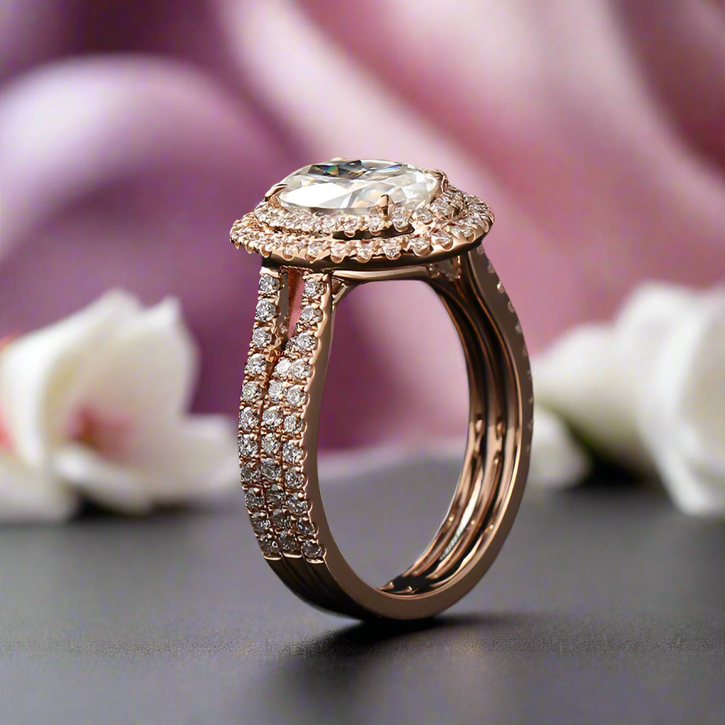 Oval Cut 14k Rose Gold Double Halo Engagement Ring-Black Diamonds New York