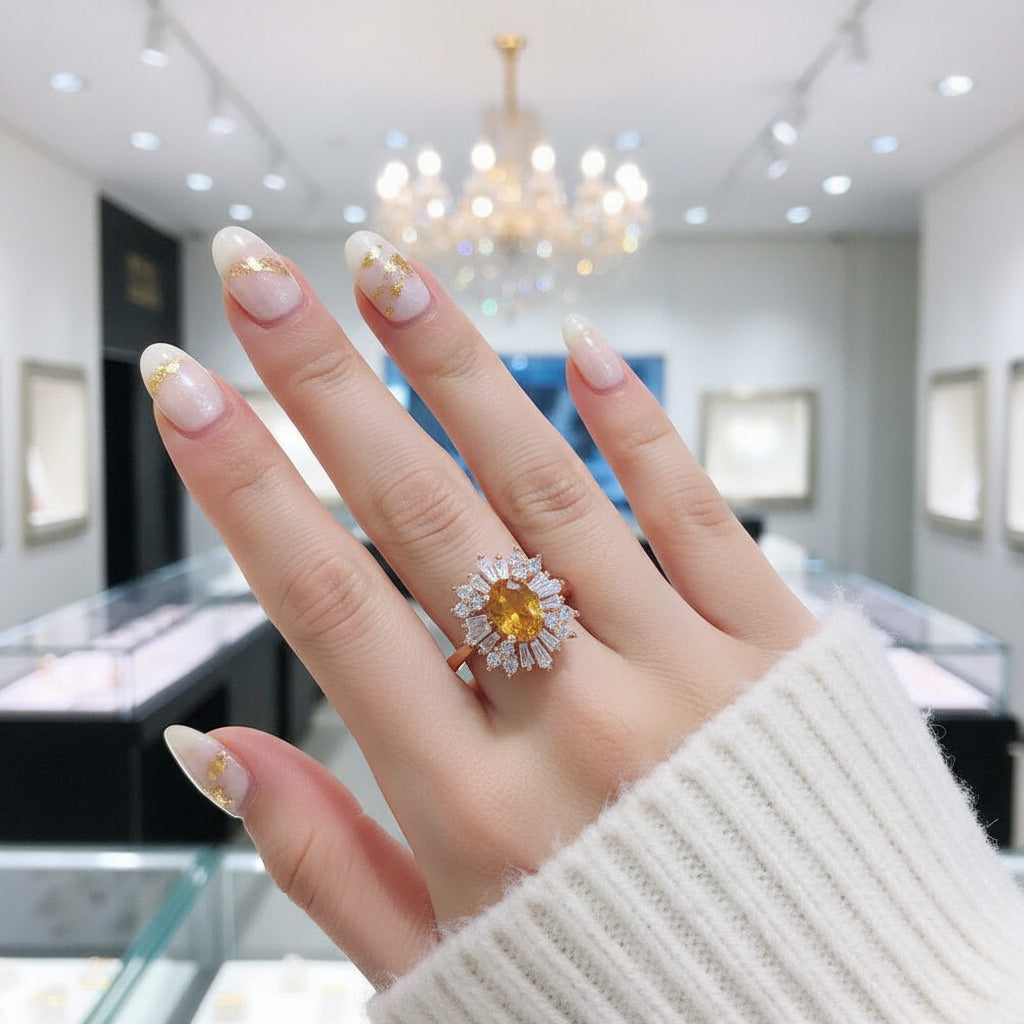 Oval Cut Citrine Flower Engagement Ring-Black Diamonds New York