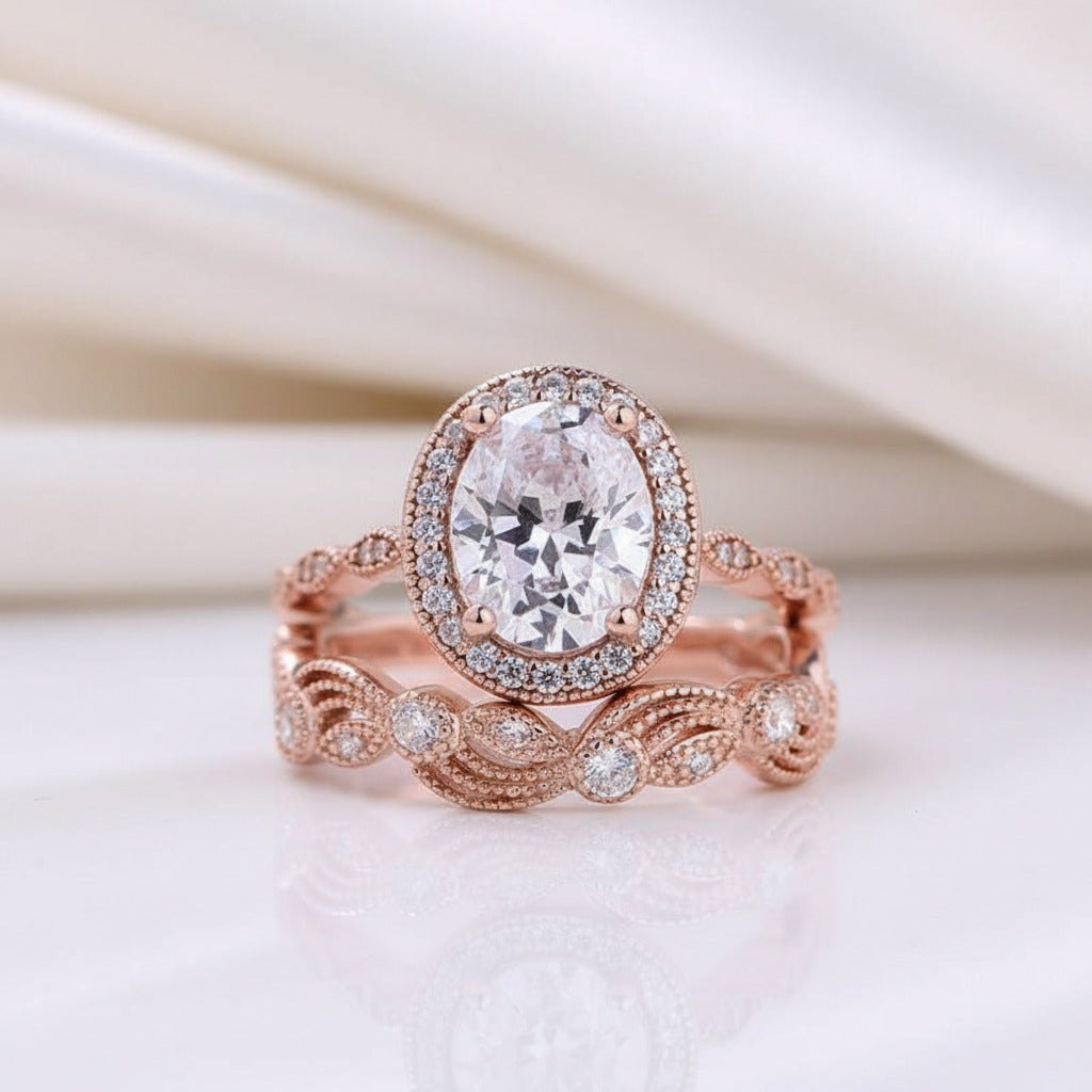 Oval Cut Clear Stone Halo Wedding Ring Set in Rose Gold-Black Diamonds New York