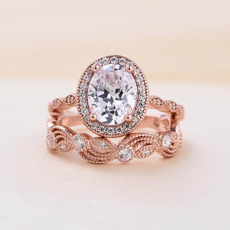 Oval Cut Clear Stone Halo Wedding Ring Set in Rose Gold - Black Diamonds New York