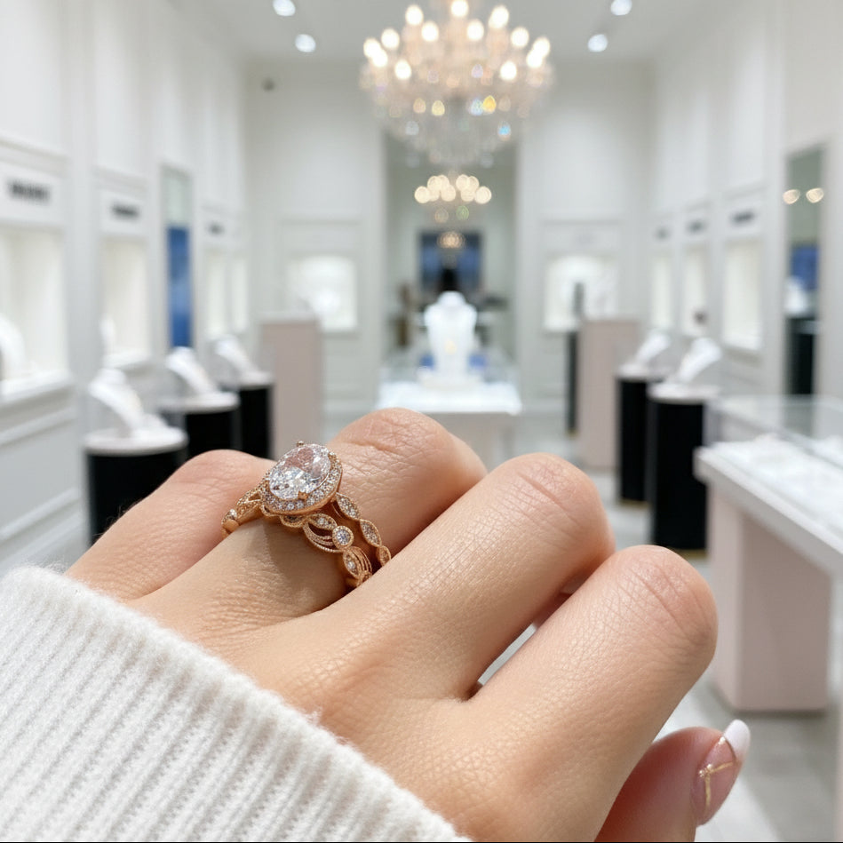 Oval Cut Clear Stone Halo Wedding Ring Set in Rose Gold-Black Diamonds New York