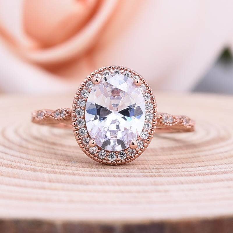 Oval Cut Clear Stone Halo Wedding Ring Set in Rose Gold-Black Diamonds New York
