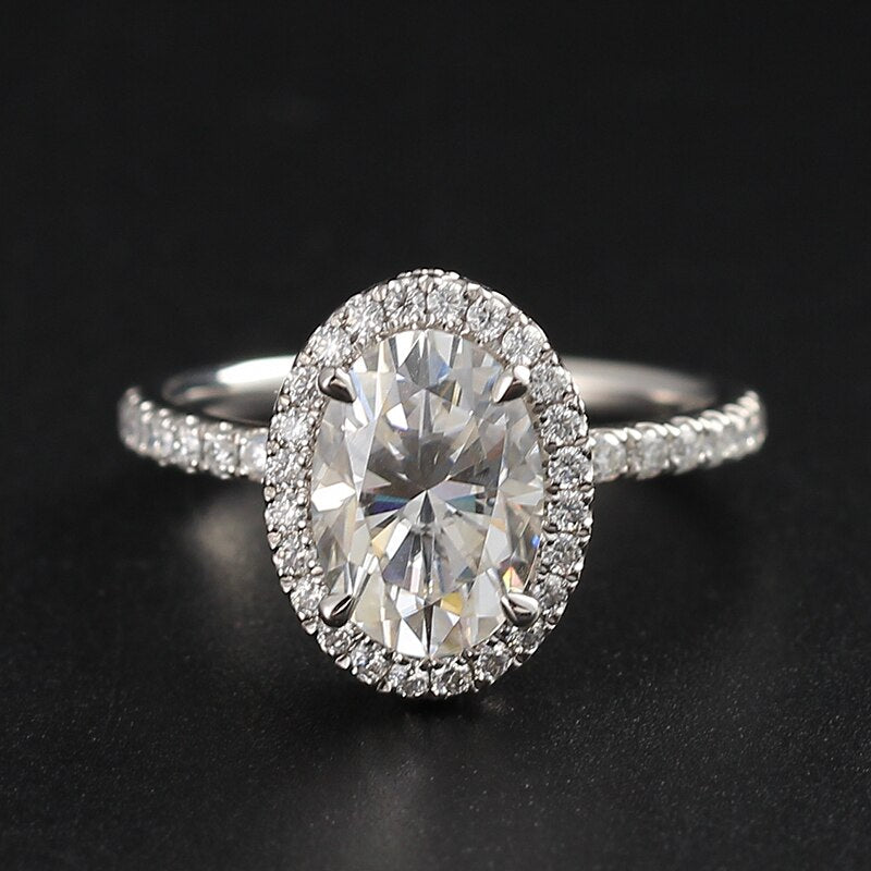 Oval Cut Halo Moissanite 14k White Gold Engagement Ring-Black Diamonds New York
