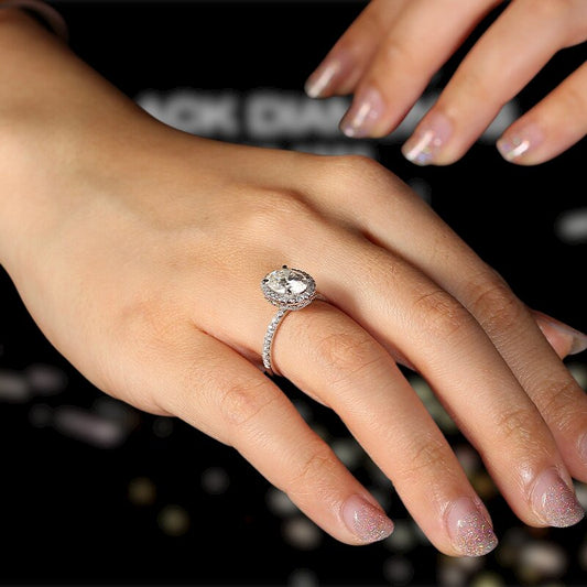 Oval Cut Halo Moissanite 14k White Gold Engagement Ring - Black Diamonds New York