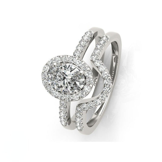 Oval Cut Moissanite Halo White Gold Engagement Ring Set - Black Diamonds New York