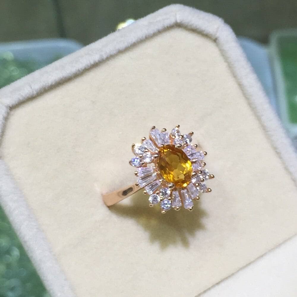 Oval Cut Natural Citrine Flower Engagement Ring-Black Diamonds New York