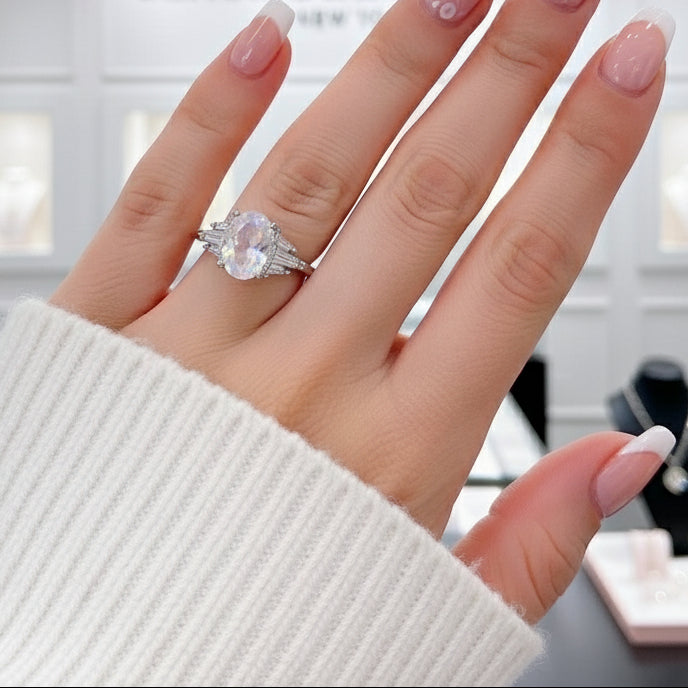 Oval Cut Natural Moonstone Engagement Ring-Black Diamonds New York