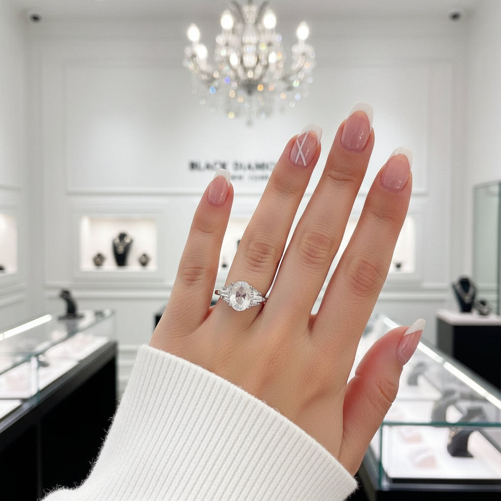 Oval Cut Natural Moonstone Engagement Ring-Black Diamonds New York