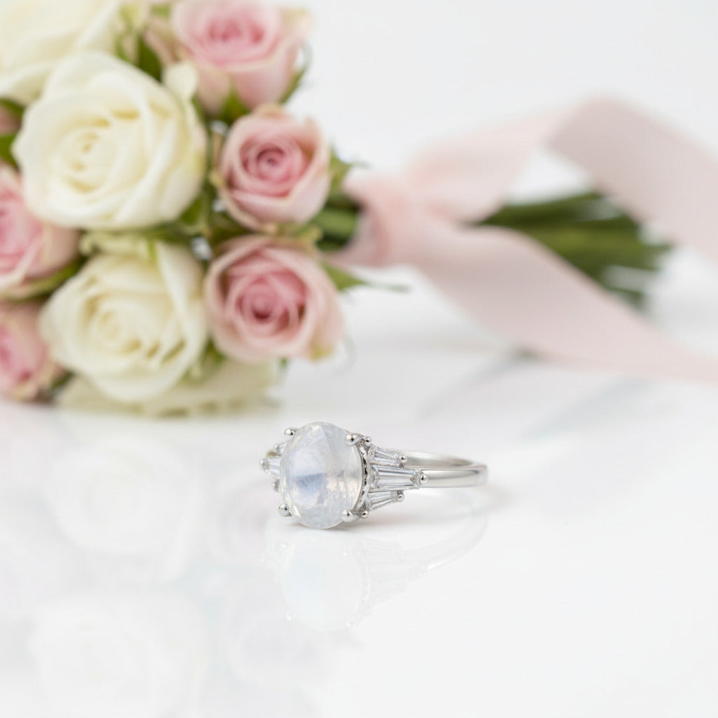 Oval Cut Moonstone Engagement Ring-Black Diamonds New York