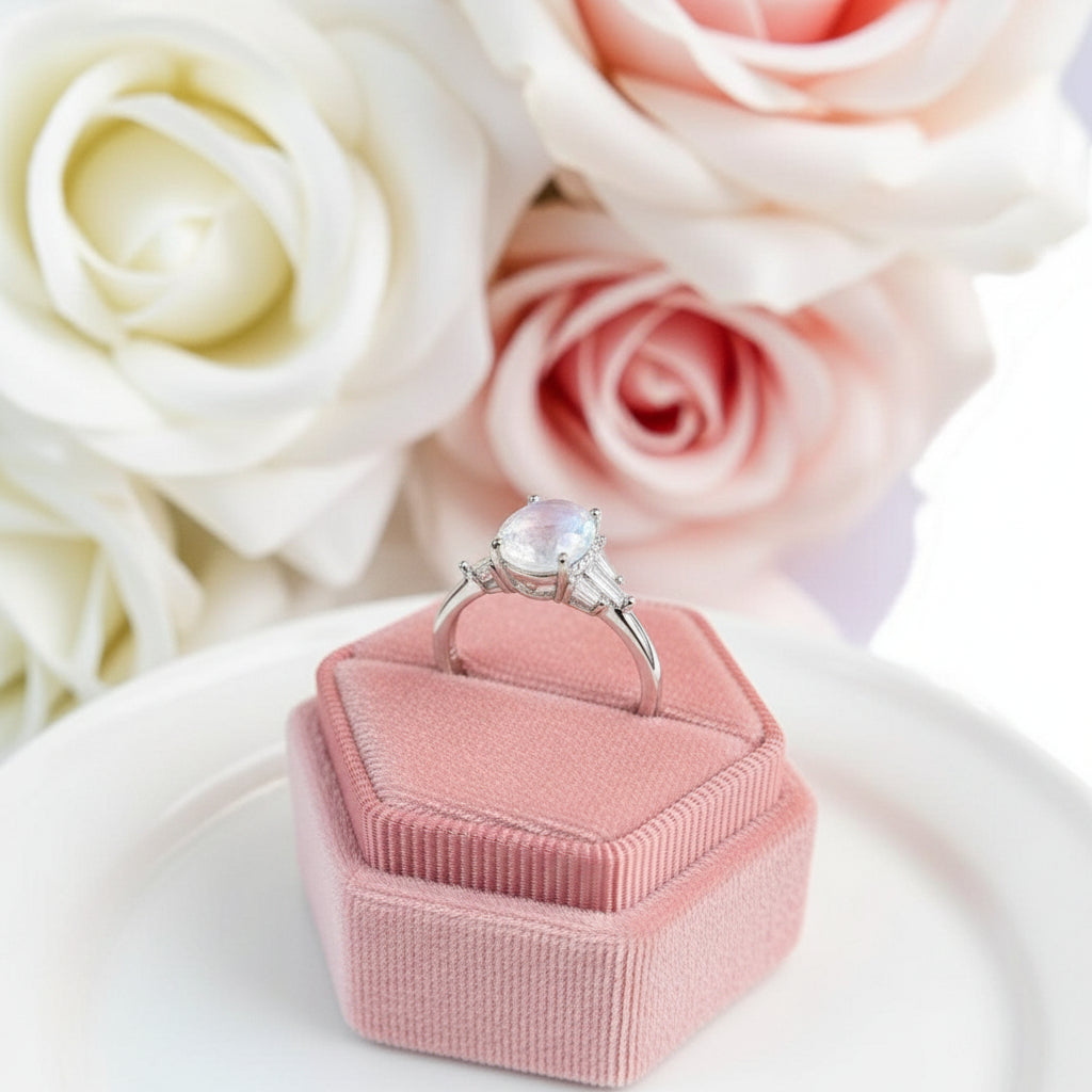 Oval Cut Natural Moonstone Engagement Ring-Black Diamonds New York