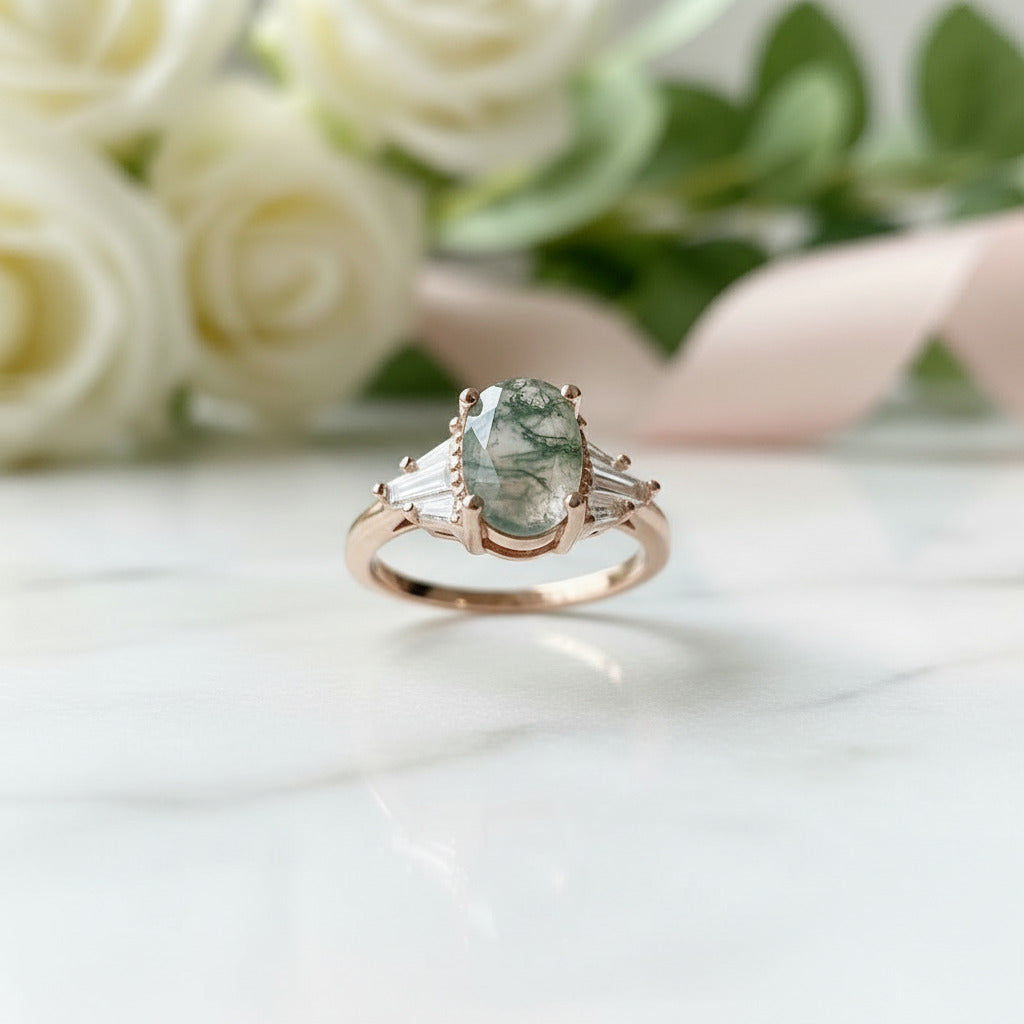 Oval Cut Natural Moss Agate 4 Prong Engagement Ring-Black Diamonds New York