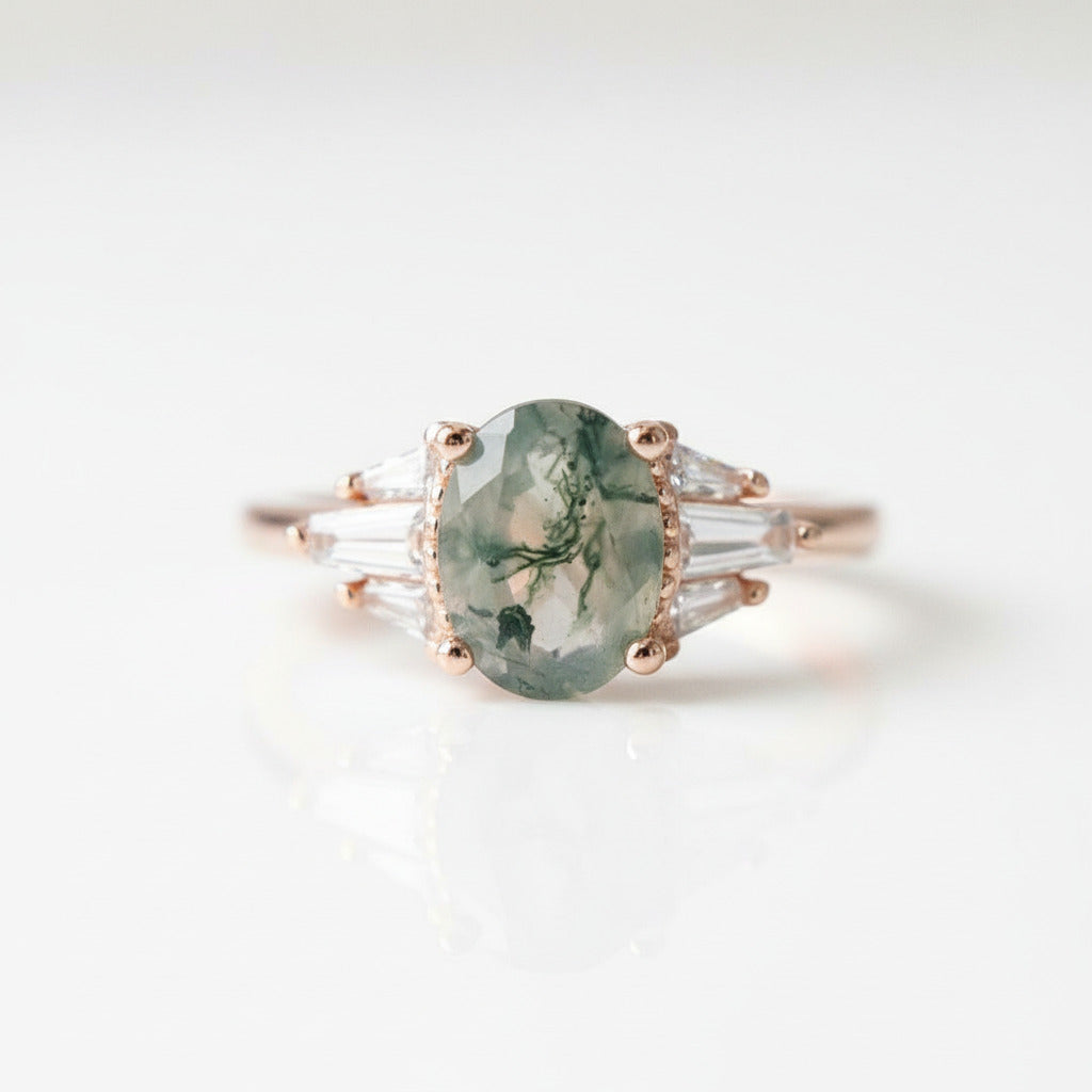 Oval Cut Natural Moss Agate 4 Prong Engagement Ring-Black Diamonds New York