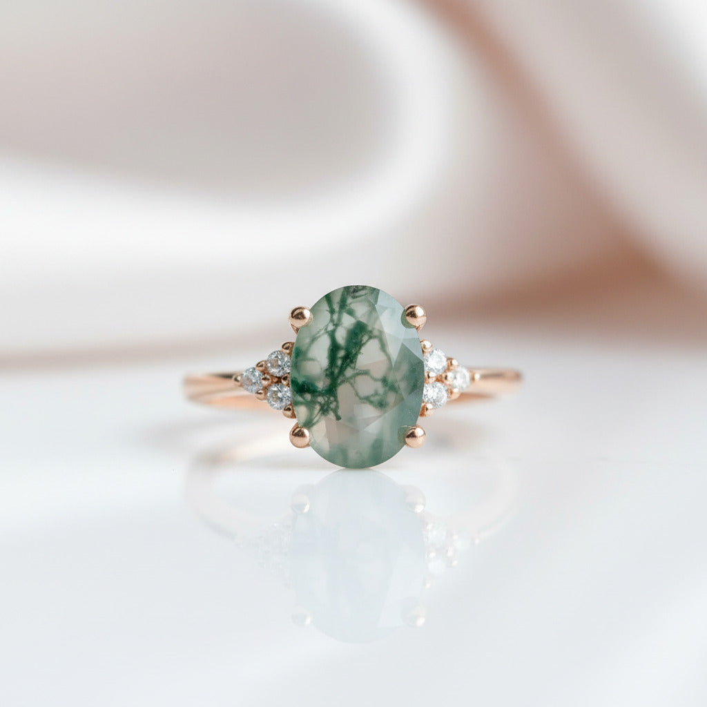 Oval Cut Natural Moss Agate Engagement Ring-Black Diamonds New York