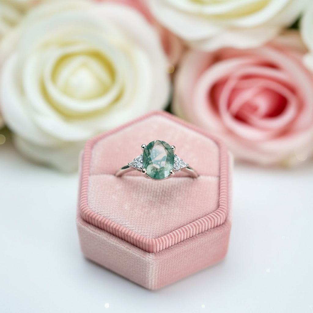 Oval Cut Natural Moss Agate Engagement Ring-Black Diamonds New York