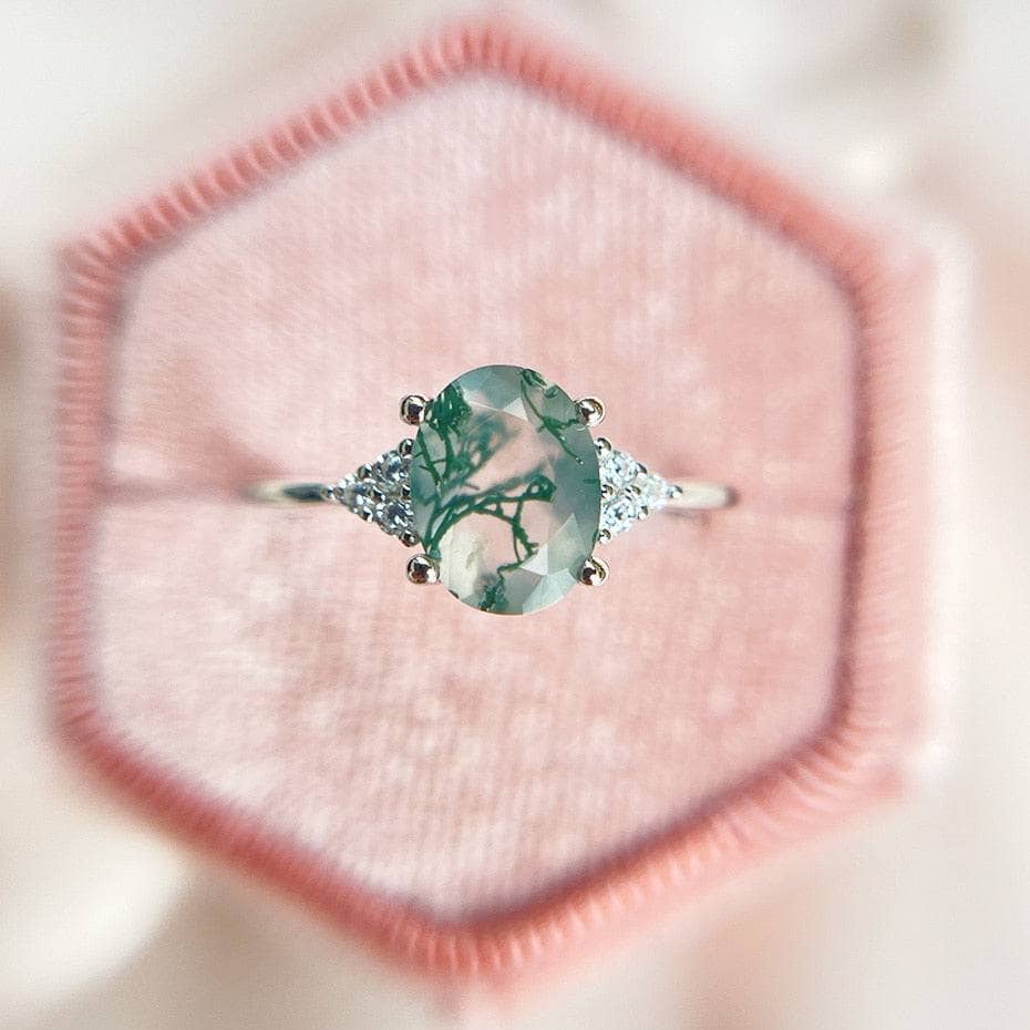 Oval Cut Natural Moss Agate Engagement Ring - Black Diamonds New York