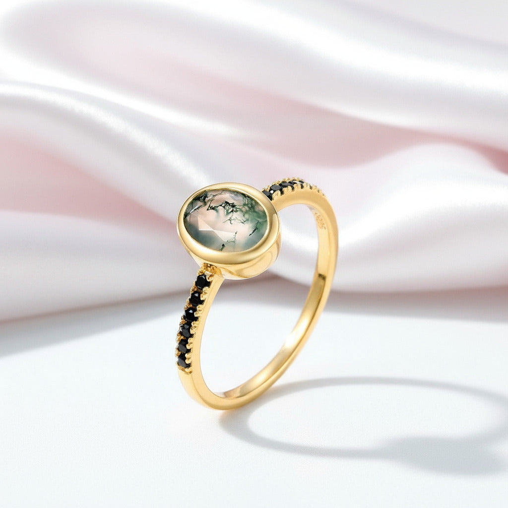 Oval cut Natural Moss Agate Yellow Gold Wedding Ring Set-Black Diamonds New York