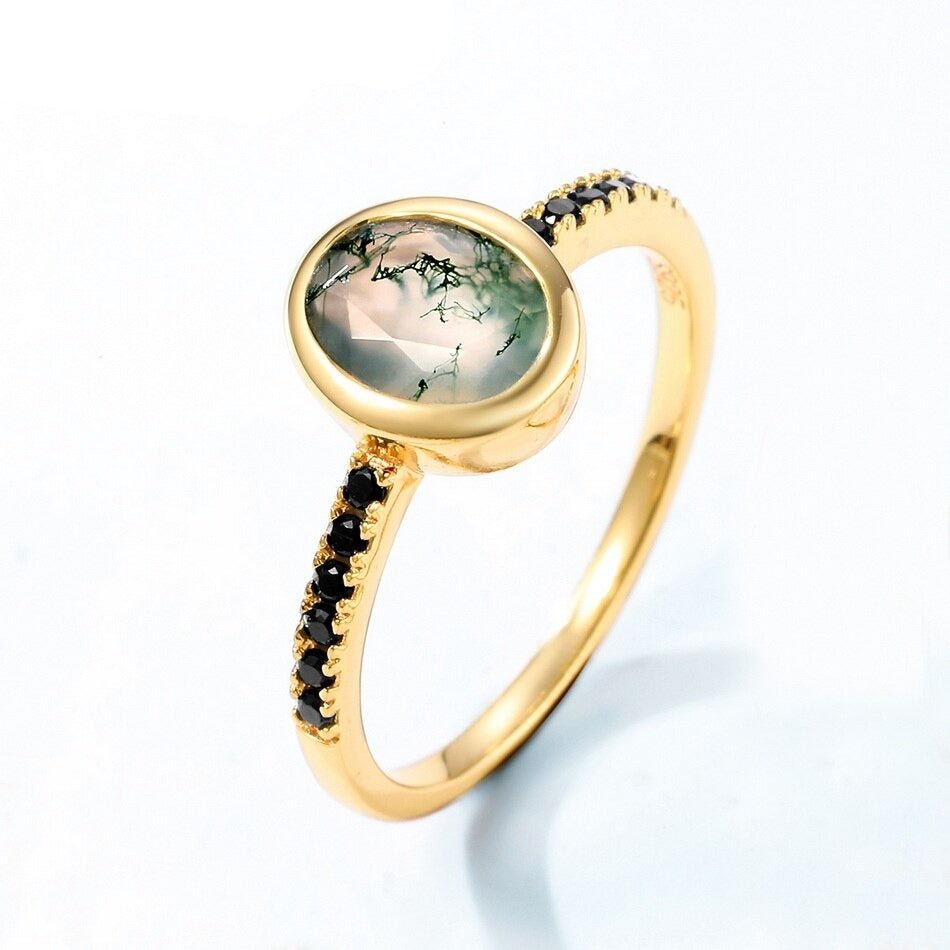 Oval cut Natural Moss Agate Yellow Gold Wedding Ring Set-Black Diamonds New York