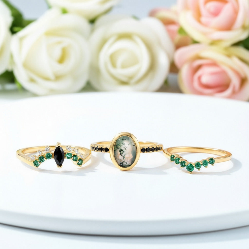 Oval cut Natural Moss Agate Yellow Gold Wedding Ring Set-Black Diamonds New York