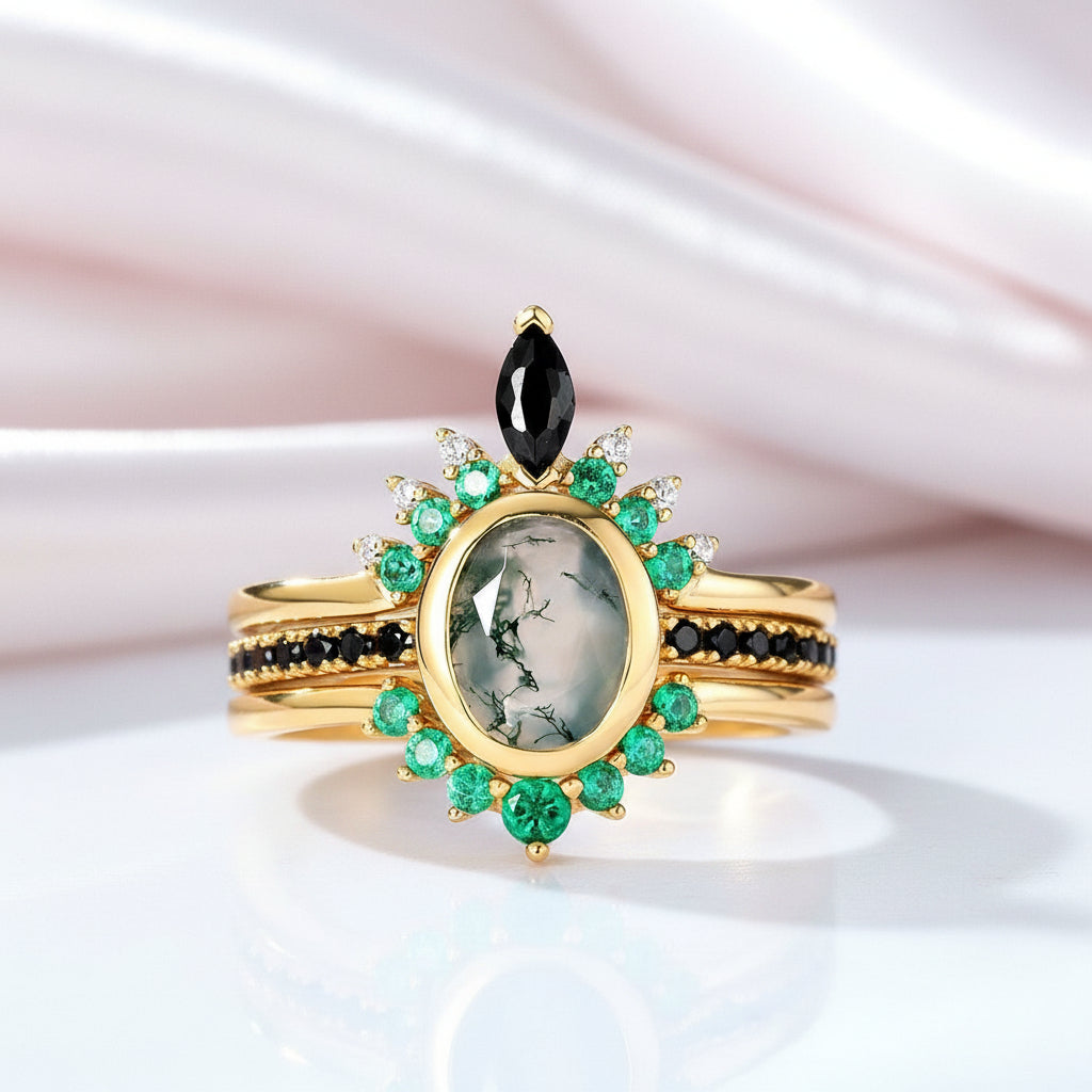 Oval cut Natural Moss Agate Yellow Gold Wedding Ring Set-Black Diamonds New York