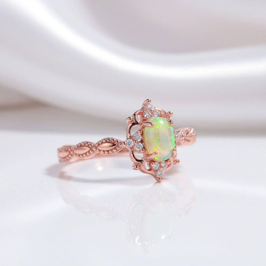 Oval Cut Opal Gemstone Ring-Black Diamonds New York