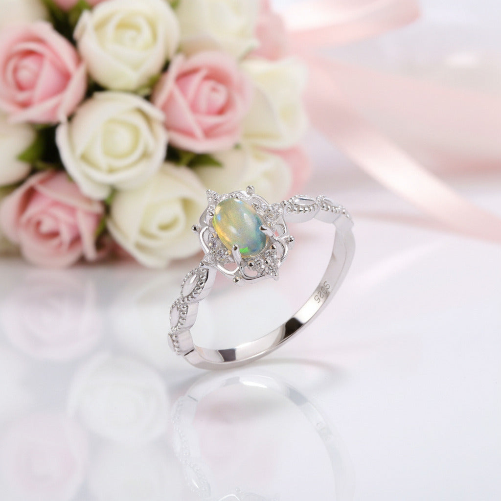 Oval Cut Opal Gemstone Ring-Black Diamonds New York