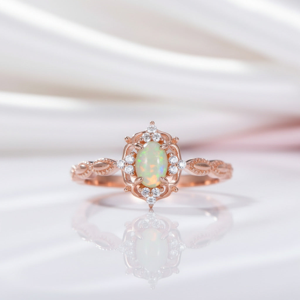 Oval Cut Opal Gemstone Ring-Black Diamonds New York