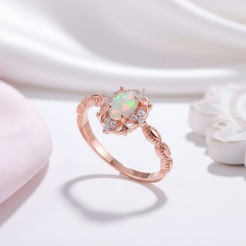 Oval Cut Opal Gemstone Ring-Black Diamonds New York