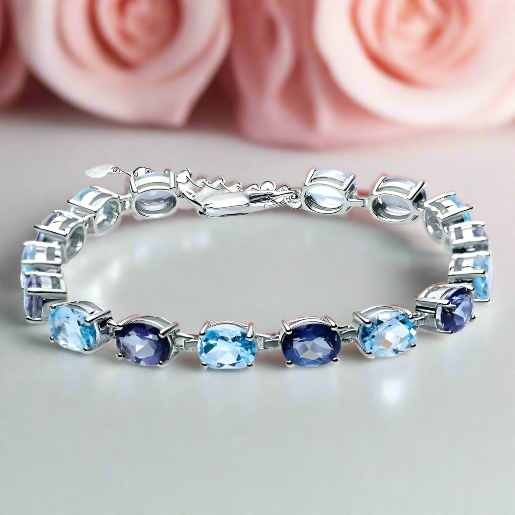 Oval Cut Natural Sky Blue Topaz with Mystic Quartz Bracelet-Black Diamonds New York