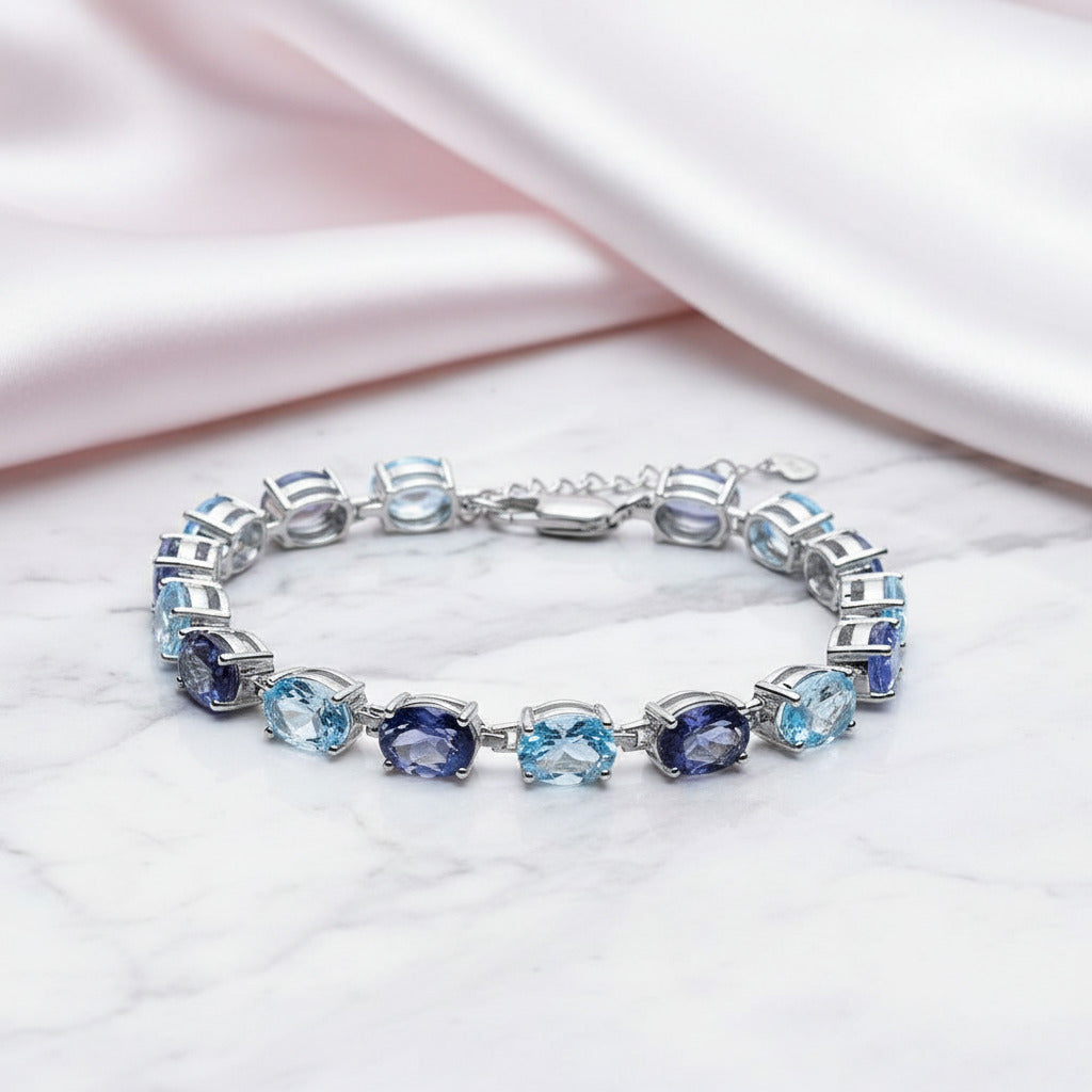 Oval Cut Sky Blue Topaz with Mystic Quartz Bracelet-Black Diamonds New York