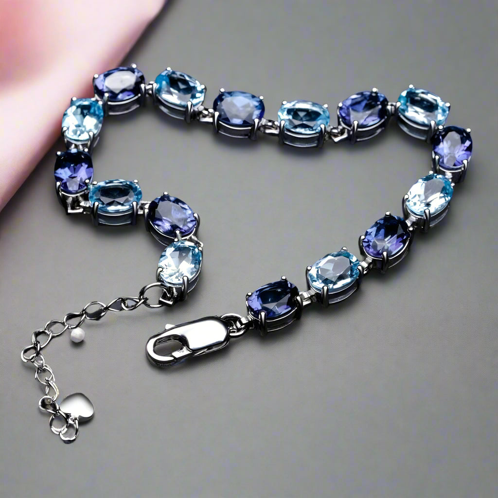 Oval Cut Natural Sky Blue Topaz with Mystic Quartz Bracelet-Black Diamonds New York