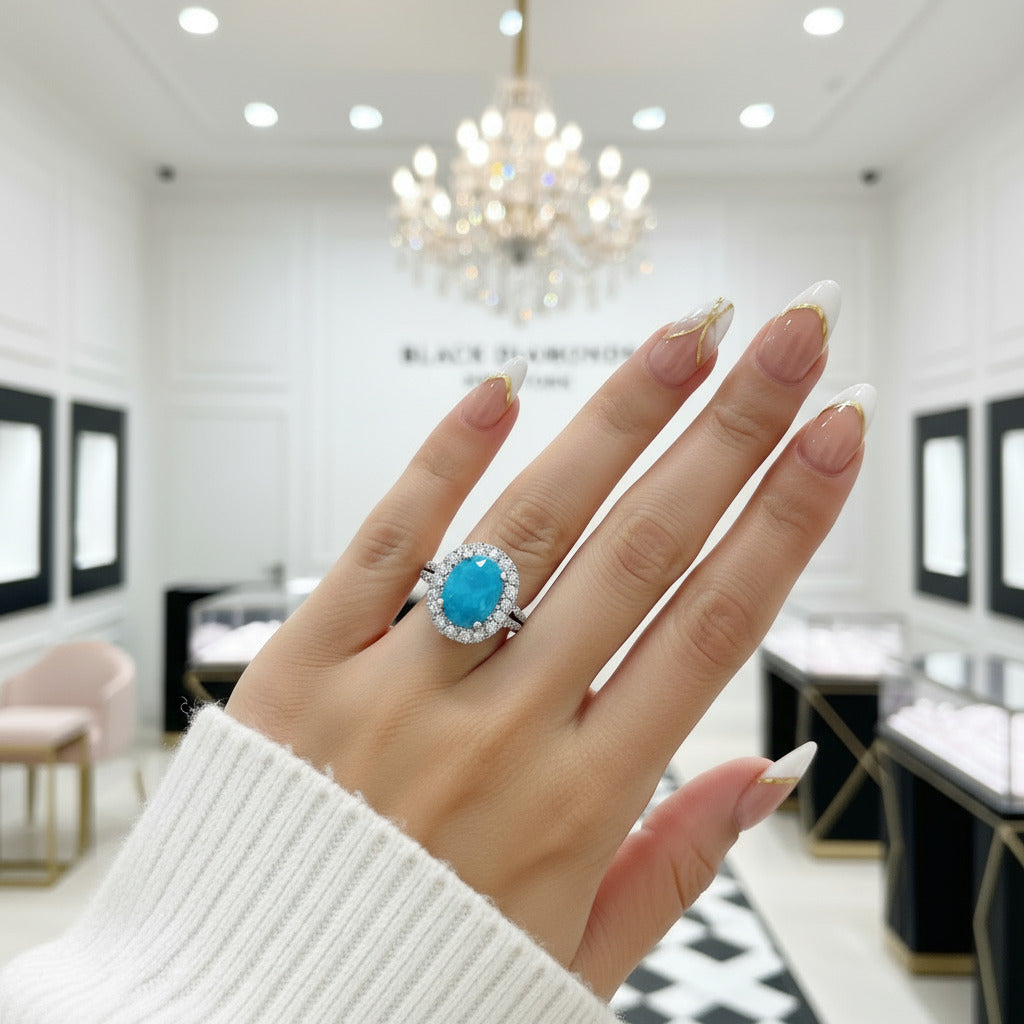 Oval Cut Paraiba Tourmaline Engagement Ring-Black Diamonds New York