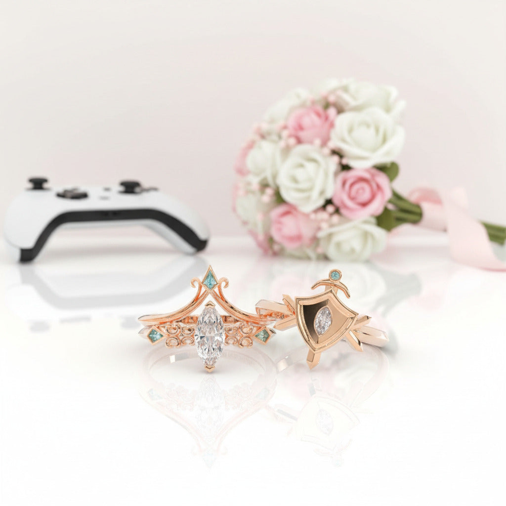 Paladin's 2-piece Ring Set (Women)- 14k Yellow Gold Video Game Inspired Rings-Black Diamonds New York