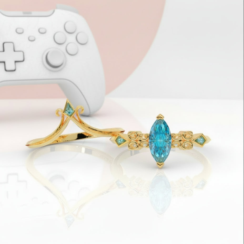 Paladin's 2-piece Ring Set (Women)- 14k Yellow Gold Video Game Inspired Rings-Black Diamonds New York