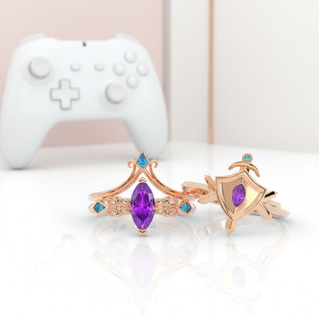Paladin's 2-piece Ring Set (Women)- 14k Yellow Gold Video Game Inspired Rings-Black Diamonds New York