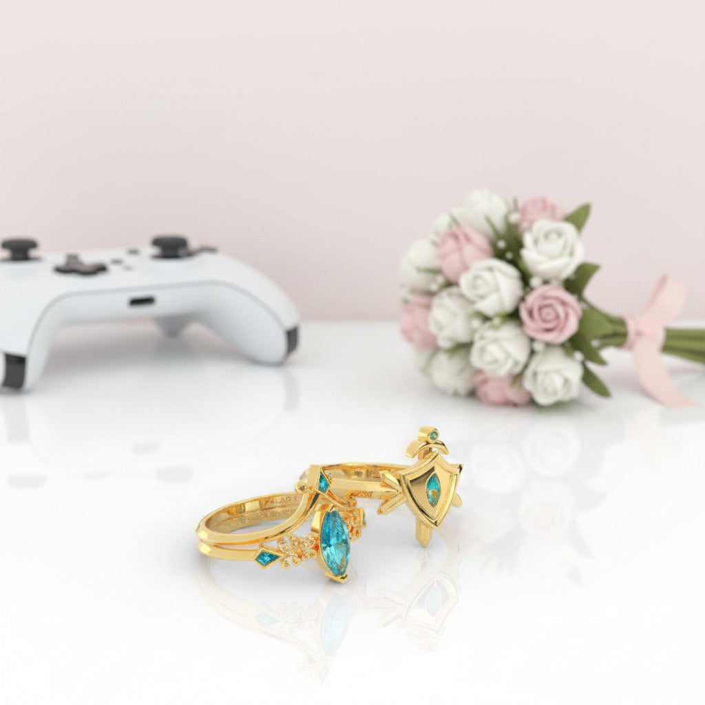 Paladin's 2-piece Ring Set (Women)- 14k Yellow Gold Video Game Inspired Rings-Black Diamonds New York