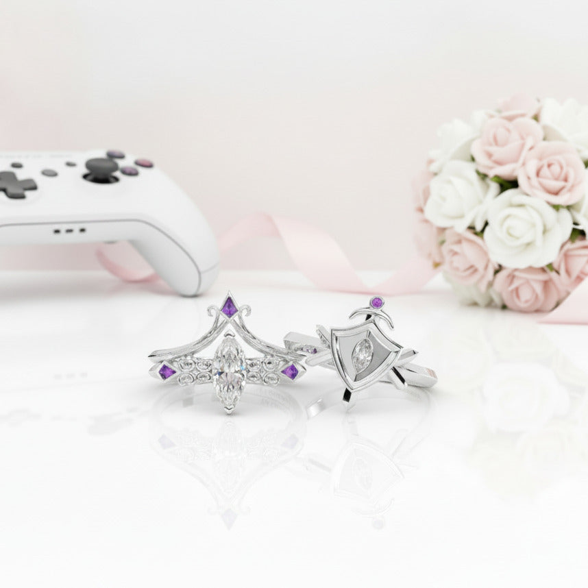 Paladin's 2-piece Ring Set (Women)- 14k Yellow Gold Video Game Inspired Rings-Black Diamonds New York