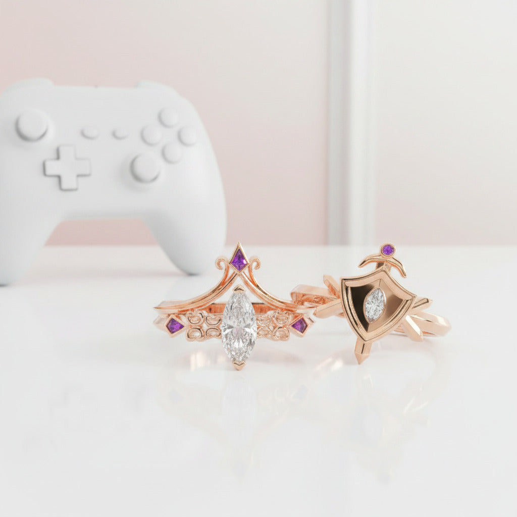 Paladin's 2-piece Ring Set (Women)- 14k Yellow Gold Video Game Inspired Rings-Black Diamonds New York