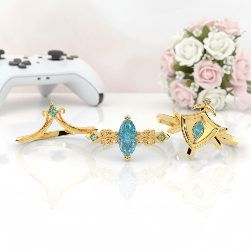 Paladin's Shield Ring (Unisex)- 14k Yellow Gold Video Game Inspired Rings-Black Diamonds New York