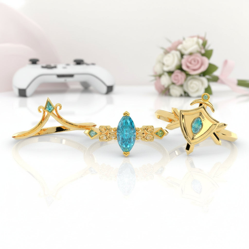 Paladin's 2-piece Ring Set (Women)- 14k Yellow Gold Video Game Inspired Rings-Black Diamonds New York