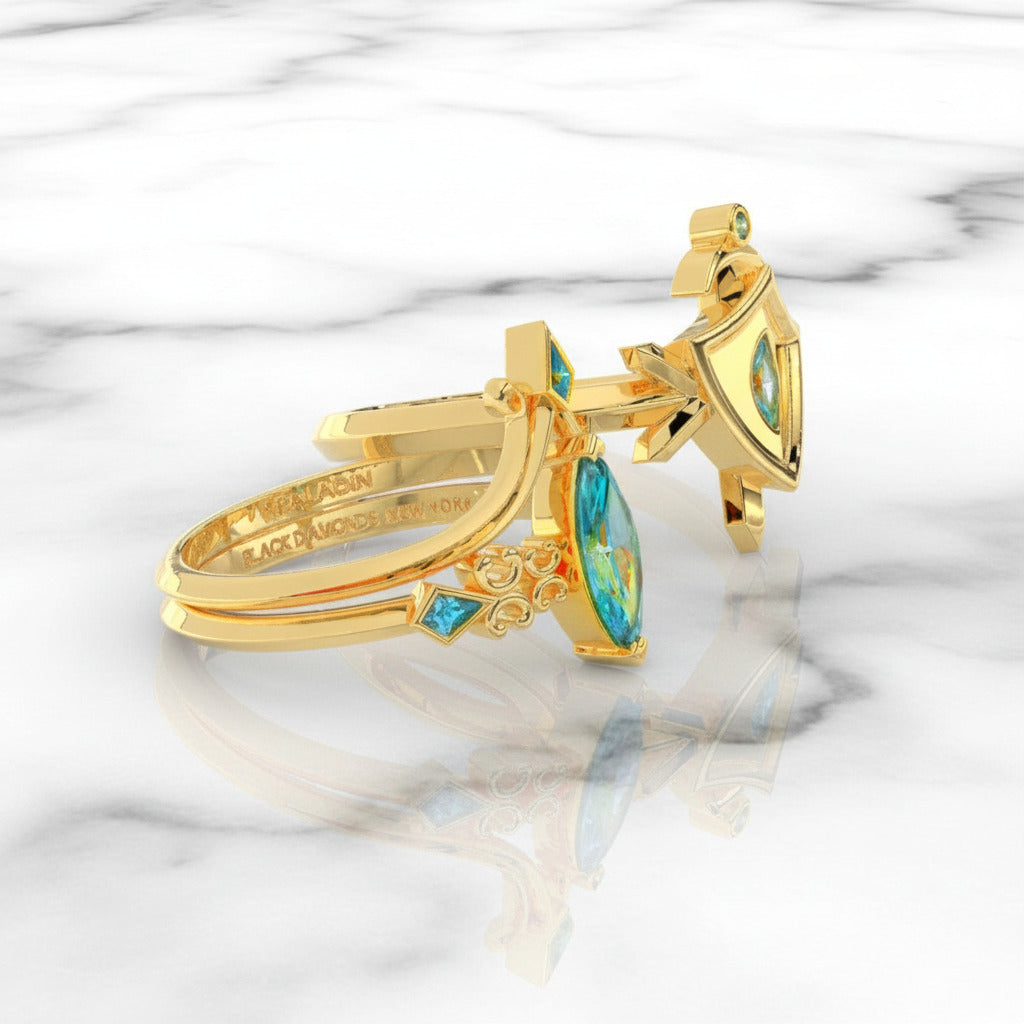 Paladin's Shield Ring (Unisex)- 14k Yellow Gold Video Game Inspired Rings-Black Diamonds New York