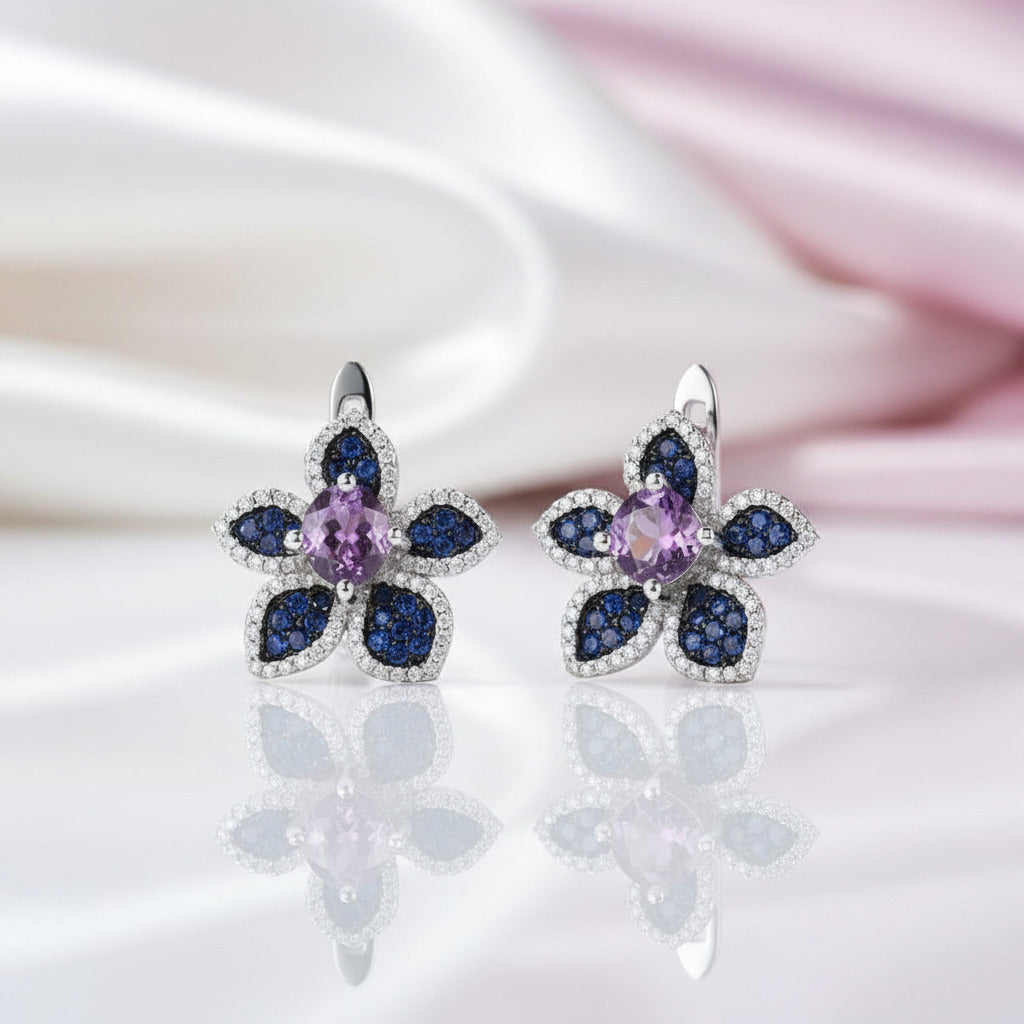 Peach Blossom Flower Studs Earrings-Black Diamonds New York