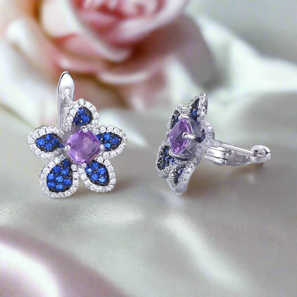 Peach Blossom Flower Studs Earrings-Black Diamonds New York