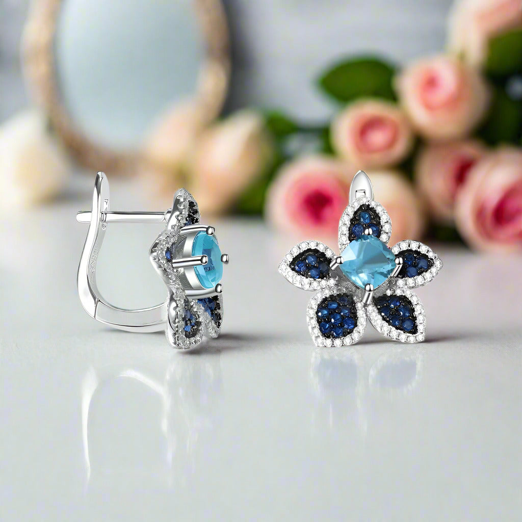 Peach Blossom Flower Studs Earrings-Black Diamonds New York