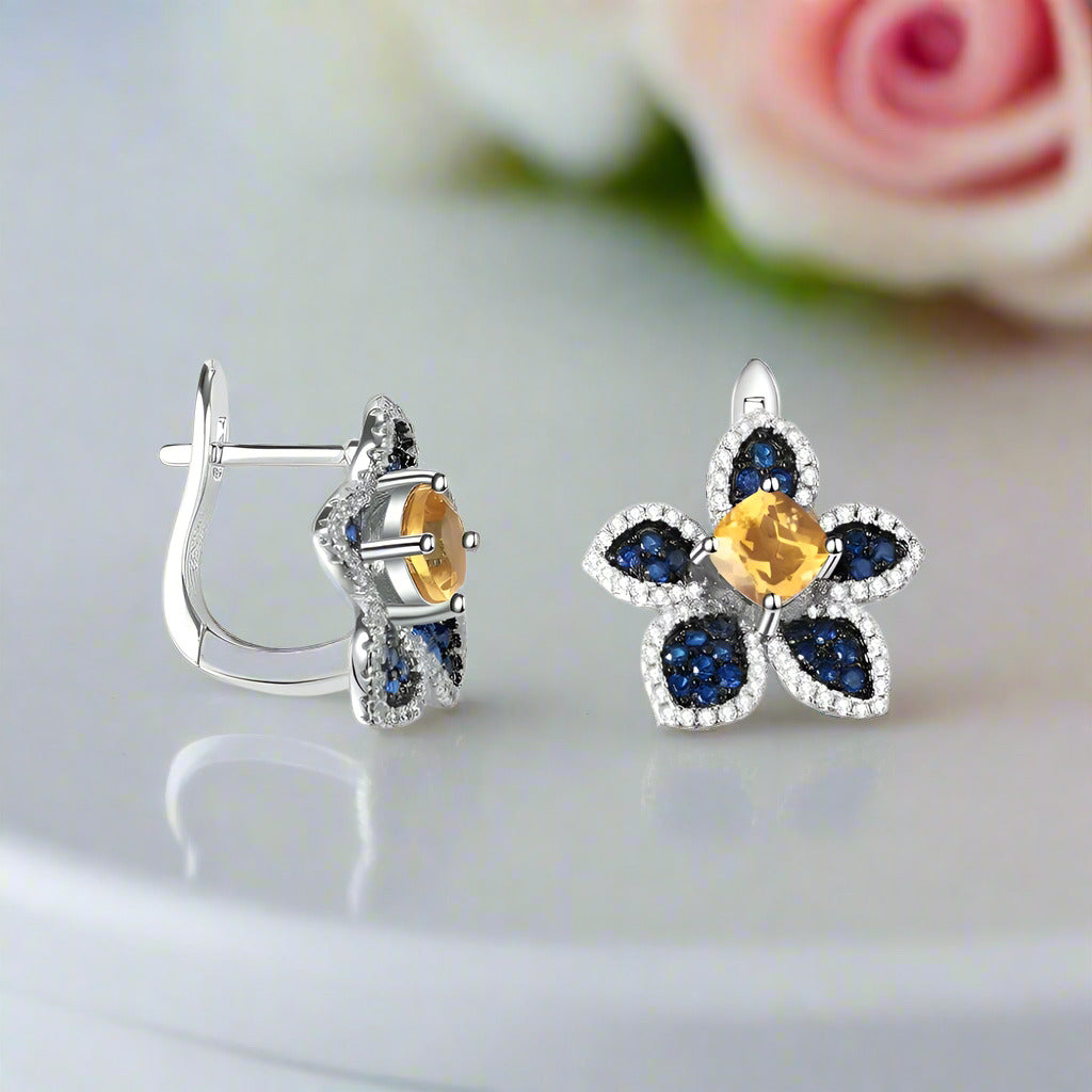Peach Blossom Flower Studs Earrings-Black Diamonds New York