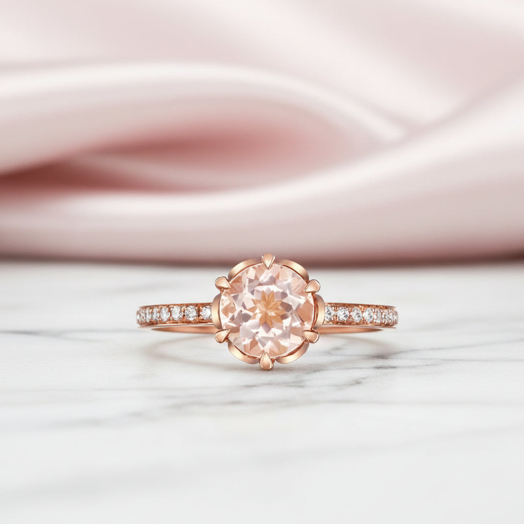 Peach Morganite 14k Rose Gold Ring-Black Diamonds New York