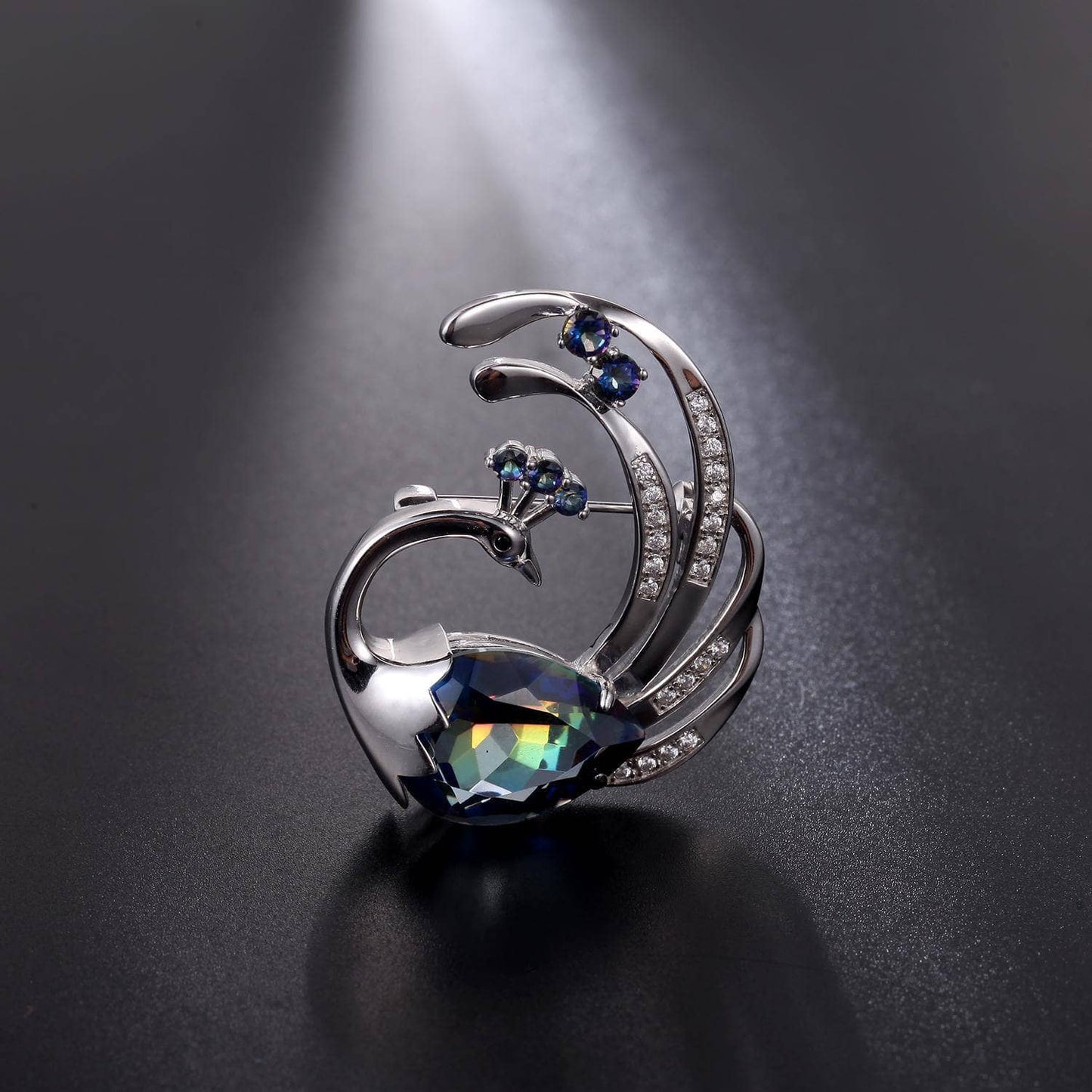 Peacock Brooch Blueish Mystic Quartz Pendant Necklace - Black Diamonds New York
