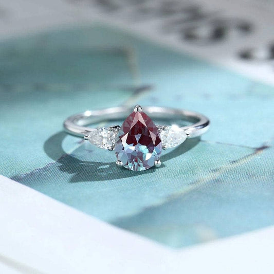 Pear Cut Alexandrite 3 Stone Engagement Ring - Black Diamonds New York