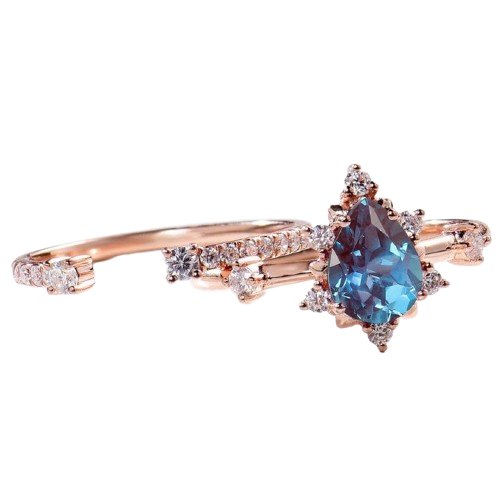 Pear Cut Alexandrite Water Drop Engagement Ring Set - Black Diamonds New York