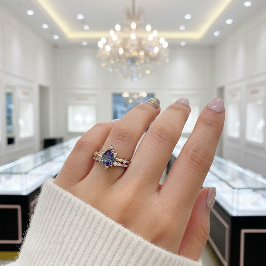 Pear Cut Alexandrite Water Drop Engagement Ring Set-Black Diamonds New York