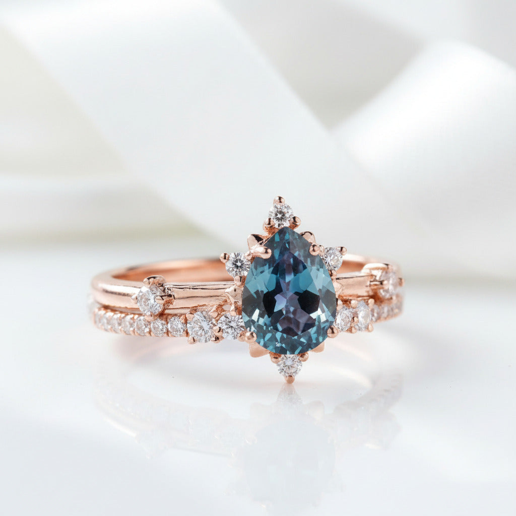 Pear Cut Alexandrite Water Drop Engagement Ring Set-Black Diamonds New York